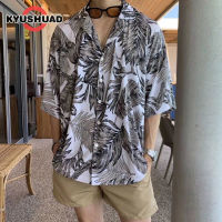 KYUSHUAD เสื้อผู้ชายลายดอกไม้ทรงหลวมเสื้อแขนสั้นบางแขนเสื้อครึ่งหล่อมีสไตล์ฤดูร้อน