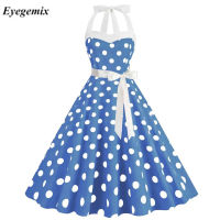 KKElegant แฟชั่น Polka Dot ผู้หญิงฤดูร้อนชุด Robe Vintage 1950S 60S เซ็กซี่ Halter Rockabilly Party ชุดสำนักงาน Sundressesq11