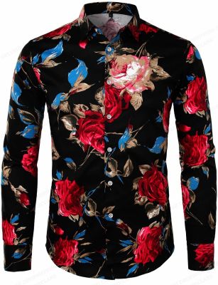 เสื้อแขนยาวลำลองเสื้อฮาวายลายดอกไม้สำหรับผู้ชาย,เสื้อผู้ชายแฟชั่นเสื้อเบลาส์ชายหาดคิวบาเสื้อเบลาส์เสื้อคอวีดอกไม้