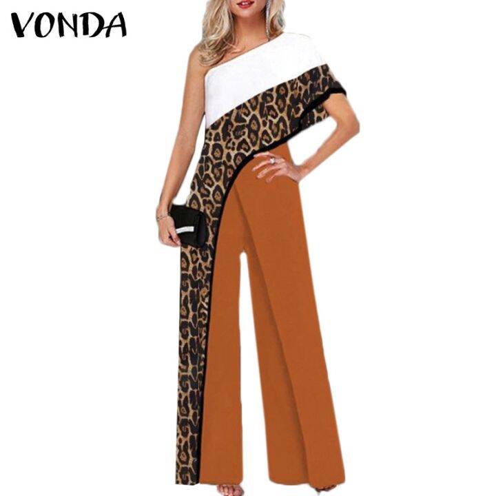 vonda-ชุดจั๊มสูท-แขนกุด-เปิดไหล่ข้างเดียว-พิมพ์ลายเสือดาว-ขากว้าง-เซ็กซี่-สําหรับผู้หญิง