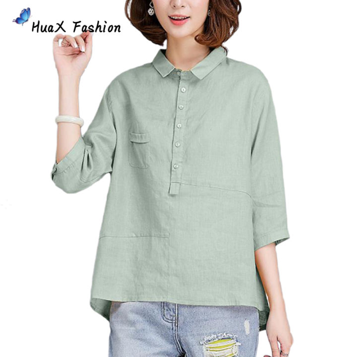 huax-women-cotton-linen-t-shirt-summer-three-quarter-sleeve-lapel-blouse