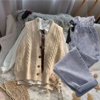 Spot parcel post Three-Piece Womens Loose Vest Waistcoat Sweater Vest Bow Shirt Tied High Waist Jeans Fashion Suit