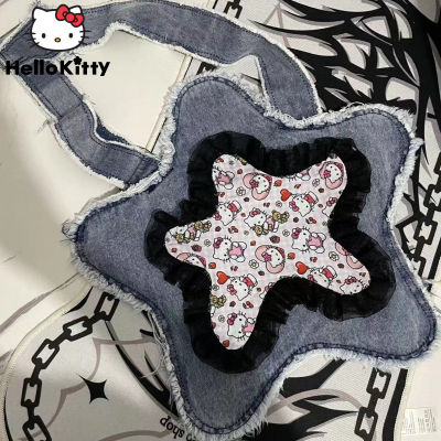 Sanrio Hello Denim Crossbody กระเป๋า Y2k KT Cat Lace Design กระเป๋าสตรี Star คาวบอย Heavy Duty ล้าง Burr Edge กระเป๋า