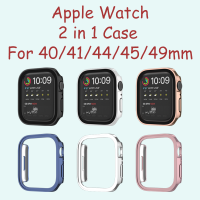 (เคส + ฟิล์มกันรอย) สำหรับ iWatch Series 8 7 6 5 4 3 SE 2 in 1 กระจกเทมเปอร์ปกป้องหน้าจอชุบเคสกันน้ำ 40/41/45/49mm