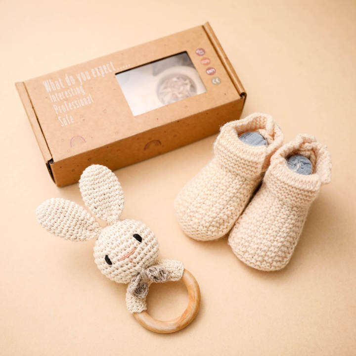 Newborn Crochet Gift Set Crochet Shoes, Handmade Doll, Wooden Teether