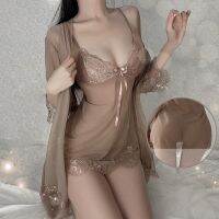 Sexy Womens Pajamas Suit Hollow Lace Transparent Sleepwear Dress Sets Bowknot Suspender Nightgown Lace-up Robe Homewear Suit