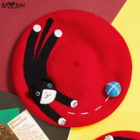 Women’S Felt Hat Lolita Sweet Cute Cat Pattern Painter Beret Autumn Winter Warm Wool Retro Berets Street Fashion