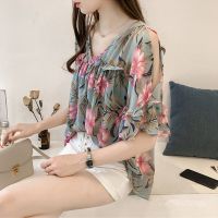 COD DSFERTRETRE Korean Women Floral V-Neck Hollow Loose Chiffon Blouse Plus Size Tops C2982