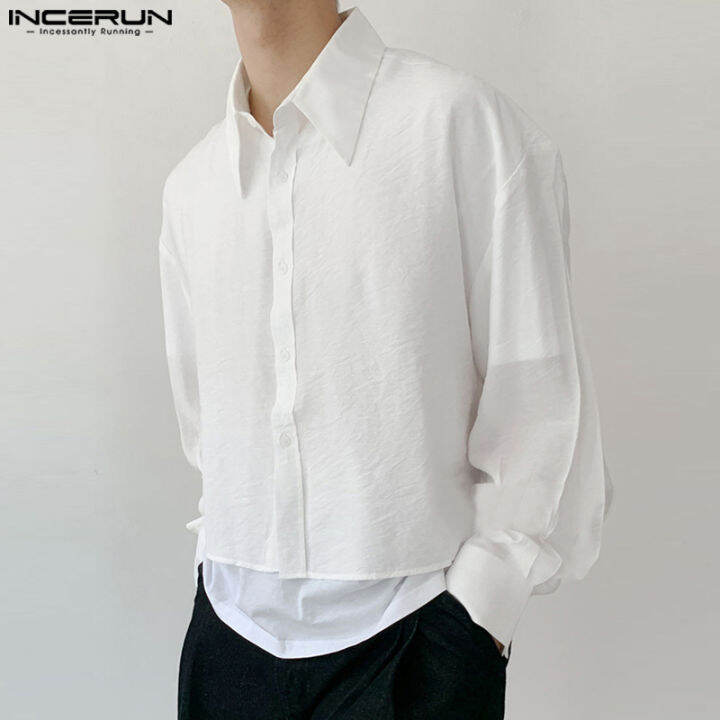 incerun-เสื้อครอปเนื้อแขนยาวสำหรับผู้ชายเสื้อทรงหลวมสวมใส่สบาย-สไตล์เกาหลี