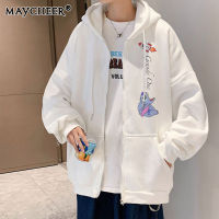 MAYCHEER   คาร์ดิแกนซิปรูดสีทึบของผู้ชายเสื้อกีฬาผ้าฝ้ายเสื้อฮู้ดแบบหลวมเสื้อโค๊ตแนวสปอร์ต