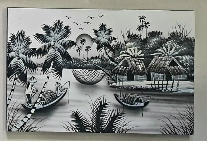 Tranh sơn mài trắng đen - phong cảnh Việt Nam (20cm x 30cm) 