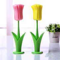 Creative Cute Long Handle Tulips Shape Cup Brush Flower Style Sponge Cleaning Brushes Household Kitchen Plastic Cleaning Tools