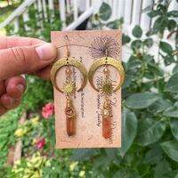 Natural Quartz Earrings Sunburst Golden Crescent Bohemian Goddess Witch Wika Free Spirit Celestial Jewelry