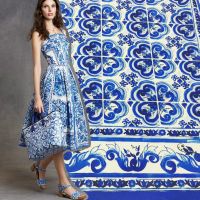 High-end Blue and White Porcelain Hand-painted Flower Series Printed Fabric Spring and Summer Cloth Per Meter for Sewing