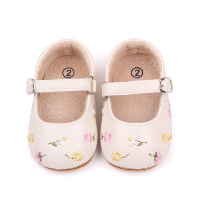 รองเท้าส้นแบนสำหรับเด็กทารกผู้หญิงรองเท้าเจ้าหญิงปักลายดอกไม้ทำจากหนัง PU รองเท้าชุดเดรส