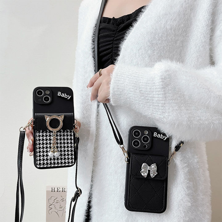 กระเป๋าสะพายไหล่หนังสีดำสำหรับ-iphone14-promax-thonglord-cat-ear-กระเป๋าใส่โทรศัพท์สำหรับ-iphone13-leather-linger-case-สำหรับ-iphone12-promax-pearl-pendant-case-สำหรับ-iphone11