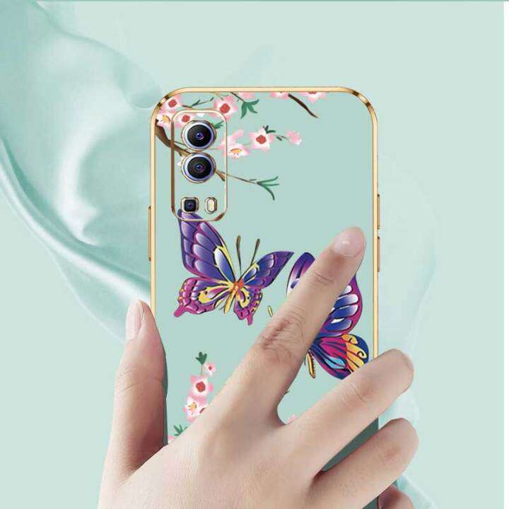 เคสสำหรับ-vivo-y72-5g-iq00-z3ผีเสื้อที่สวยงามหรูหราพร้อมกล้องดอกไม้เคสโทรศัพท์ขอบชุบเคสซิลิโคนนิ่มพร้อมฟรีสายคล้อง