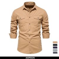 HOT11★ 2023 New Autumn Military Style 100% Cotton Pocket Shirt for Men Solid Color Slim Cal Men Shirts Long Sleeve