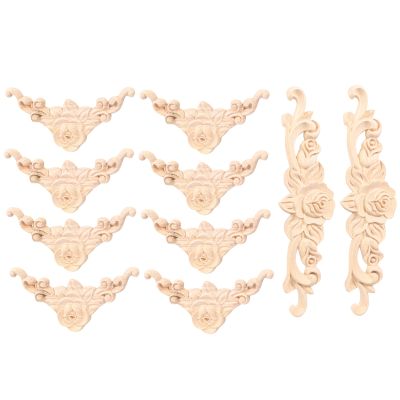 10 Pcs Wood Carved Wall Decor Floral Wood Carved Applique Corner Decorative for Furniture Door Cabinet Bed Decorations