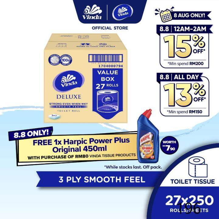 toilet paper ♧Vinda Deluxe Smooth Feel Toilet Tissue 3 Ply (27 Rolls) Lazada