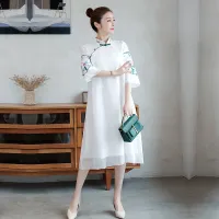 Half Sleeve Embroidery Stand Collar Improved Cheongsam Women Chinese Style Vintage Buckle Loose Elegant Midi Dress Female Qipao Haberdashery