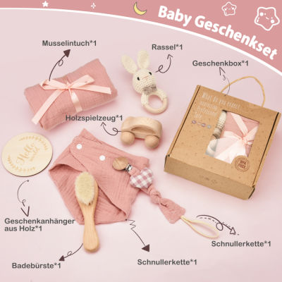 💗Kado Bayi สำหรับสาวเกิด💗ชุดผ้ามัสลิน7-In-1,ผ้ากันเปื้อน,ของเล่นไม้,สั่น,แปรงอาบน้ำ,บรรจุภัณฑ์ของขวัญ