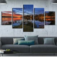 Sunset Ship Lake Wall Art Tree ภูมิทัศน์โปสเตอร์ภาพวาดผ้าใบตกแต่งบ้าน5 Panel