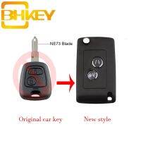 Bhkey เคสกุญแจรถยนต์แบบพับได้พับได้แบบปรับแต่งได้2ปุ่มเคสเปล่าสำหรับ Peugeot 106 206 306 307 406ปลอกหุ้มกุญแจรถใบพัด Ne73