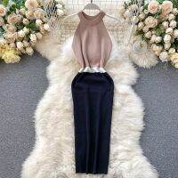 【Ladies shop】2022 SexyNeck Slimpatchwork ถัก Bodycon Midi ชุดเดรสยาวถึงเข่า