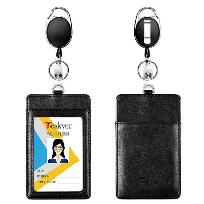 ป้าย ID ที่ถือหนัง PU Card พร้อมดึง Reel พวงกุญแจแบบห่วงกระเป๋าสตางค์ใส่บัตรเครดิตสีดำผู้ถืออุปกรณ์สำนักงาน