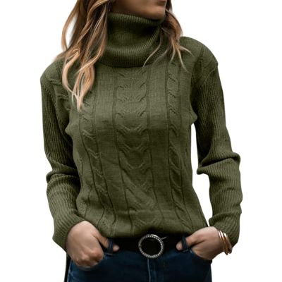 เสื้อสเวตเตอร์ถักคอเต่าสำหรับผู้หญิงเสื้อเบลเซอร์แขนยาวเสื้อกันหนาวถักสาย