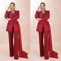 【YP】 Red Mother of Bride Dresses Single Breasted African Jacket With Train Casual Women Blazer 2 Piece Set