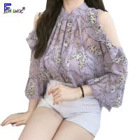 Chiffon Blouses Shirts Women Tops Korean Style Design Purple Black Chiffon Floral Printed y Open Off Shoulder Top Blouse