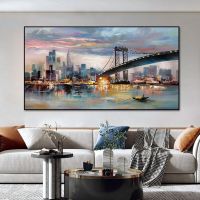 City Bridge Modern Abstract Landscape ภาพวาดสีน้ำมันบนผ้าใบ Wall Art ภาพโปสเตอร์พิมพ์สำหรับห้องนั่งเล่นตกแต่งบ้าน Cuadros New