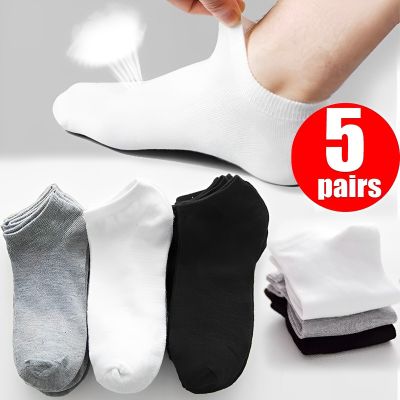 ถุงเท้ากีฬาผ้าฝ้ายถุงเท้าสีทึบสีดำสีขาวเทาแบบสั้นผู้ชายถุงเท้าข้อต่ำผู้หญิง5คู่/ล็อตระบายอากาศได้ดี
