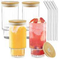 ▽ rfefefewfeerew Ribbed Drinking Glasses com 4 Palhas De Vidro Tampas Copos Café Gelado para Cocktail Beer