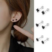 Women Black Geometry Heart Clover Stud Earrings Simple Silver Plated Korean Small Earring Tragus Piercing Jewelry Accessories