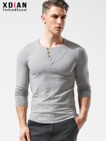 Henley เสื้อยืดแขนยาวสำหรับผู้ชาย,เสื้อยืดคอปกสไตล์ใหม่เข้ารูปทันสมัยฉบับภาษาเกาหลีเสื้อใส่ด้านในผ้าฝ้ายแท้กับเสื้อผ้าฤดูใบไม้ร่วงคุณภาพสูงดั้งเดิม