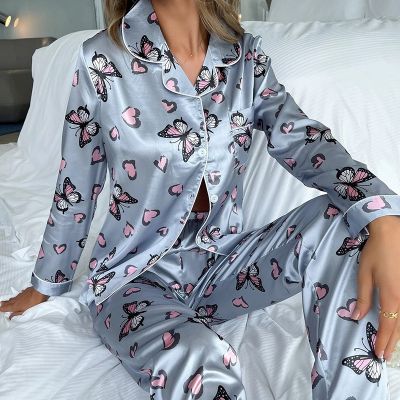 Womens Silk Satin Pajamas Loungewear Two-piece Sleepwear Womens Long Sleeve Soft Button-Down Pj Set Pijama