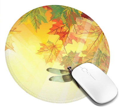 Mouse Pad Round Autumn Maple Dragonfly, Non-Slip Rubber Base Mouse Small Mousepad