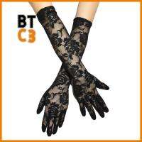 BTC3 แต่งงานพังก์ บางและบาง สีดำสีดำ ถุงมือลายลูกไม้ ถุงมือตาข่ายตาข่าย ถุงมือกันแดดกันหนาว ถุงมือประสิทธิภาพสูง