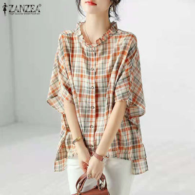 (จัดส่งฟรี)Fancystyle ZANZEA เสื้อสวมหัวพิมพ์ลายตารางวินเทจของผู้หญิงเสื้อสตรีคอกลมแต่งระบาย #8