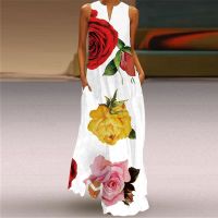 2023 Amazon new long skirt womens vintage print dress V-neck sleeveless pocket summer dress