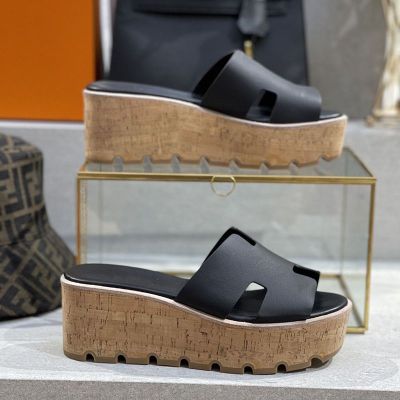 2023 leather outerwear all-match high-heeled slippers womens wedge heel solid color waterproof platform sandals thick-soled Roman style shoes
