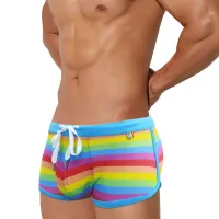 New Rainbow Stripes Series Fashion Men Swimwear With/Without Sponge Pad Swimming Pool Briefs Low Waisted Drawstring Swim TrunksTH