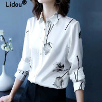 【YY】Spring Summer Black Rose White Satin Shirt Long Sleeve Turn Down Collar Blouse 2022 Korean Fashion Shirt for Women Elegant Shirt