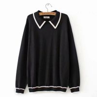 【มีไซส์ใหญ่】Plus Size Womens Turn Down Collar Knitted Spring Autumn Black Sweaters Long Sleeved Casual Striped Female Outerwear