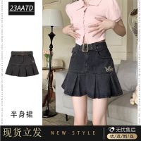 ▬♦✾ American retro embroidered denim skirt womens summer black gray slim waist skirt pleated skirt a-line skirt