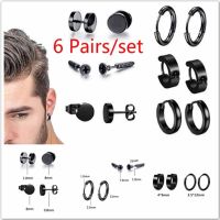 warmmarket 6pairsset Stainless Steel Stud Earrings for Men Hoop Earrings Piercing Black Dumbbell Stud Earring Set