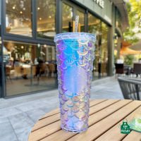 ถ้วย Starbuck แบบไล่ระดับสี2022ลายสก๊อตเกล็ดปลาสามมิติแบบพลาสติกความจุขนาดใหญ่เกล็ดไล่ระดับสีสีถ้วยน้ำฟาง